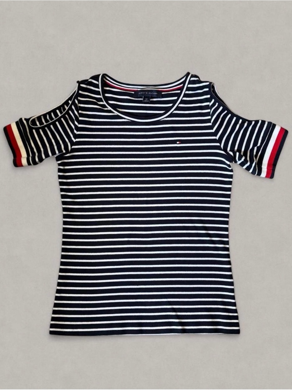 Tommy Hilfiger Navy & White Striped Cold-Shoulder Tee with Red Trim